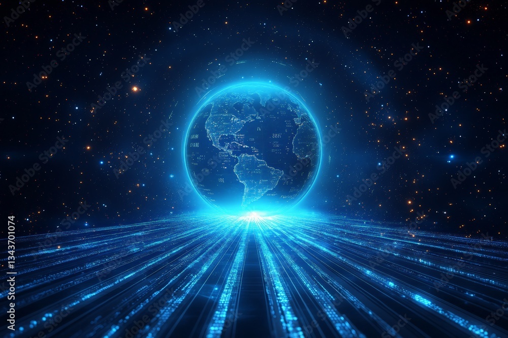 Aufkleber Digital representation of Earth illuminated by blue light in a cosmic setting showcasing data streams and stars in the background