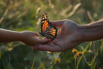 A child and adult gently hold a monarch butterfly, a moment of shared wonder in nature's embrace.