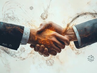 Energized handshake signifies collaboration and digital transformation.