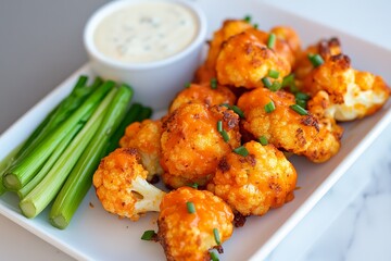 Fototapeta premium Spicy cauliflower buffalo bites served with ranch dip and celery sticks
