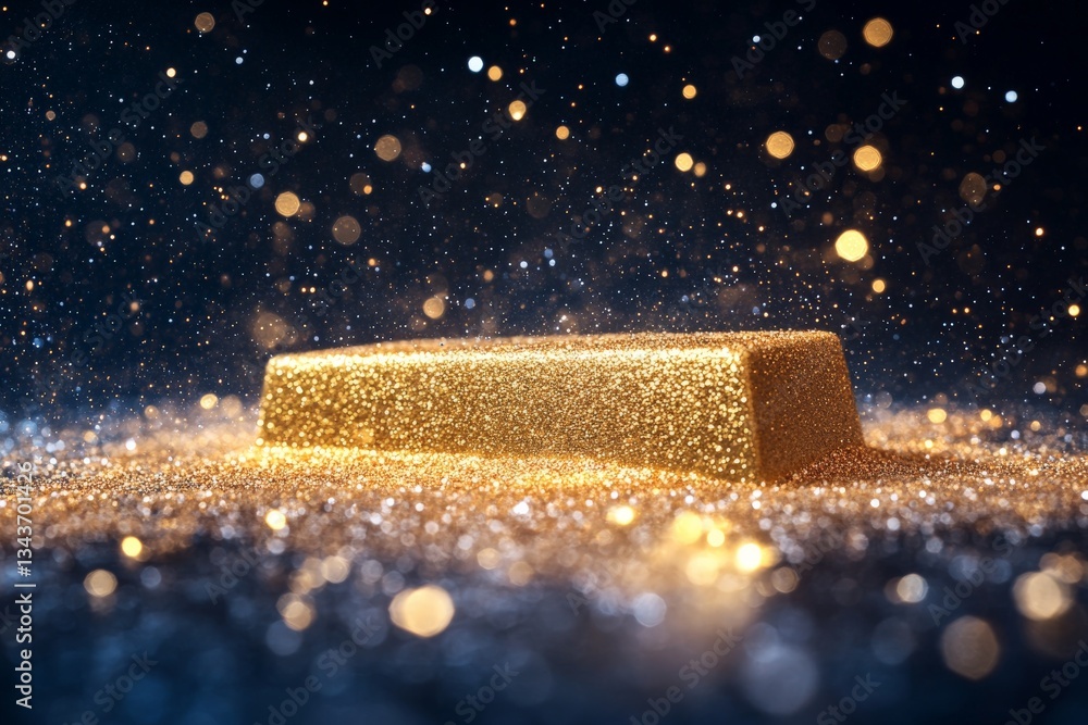 Poster Shimmering gold bar on a glittering surface with sparkling bokeh background
