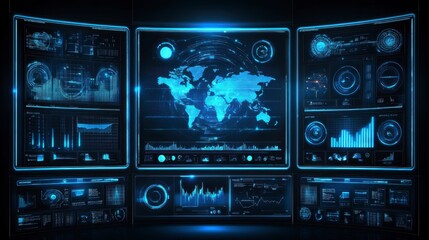 Fototapeta premium Futuristic blue digital interface with glowing world map and data charts on multiple screens. Dark background.