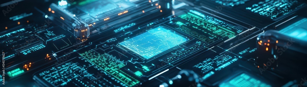 Poster vibrant futuristic cityscape at night with illuminated buildings and circuit patterns creating a hig