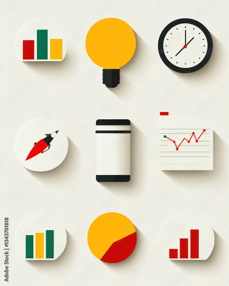 Poster a collection of icons and images that represent various concepts and ideas. the icons include a cloc