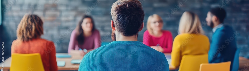 Poster a thoughtful woman in a classroom setting gazes towards a chalkboard while surrounded by educational