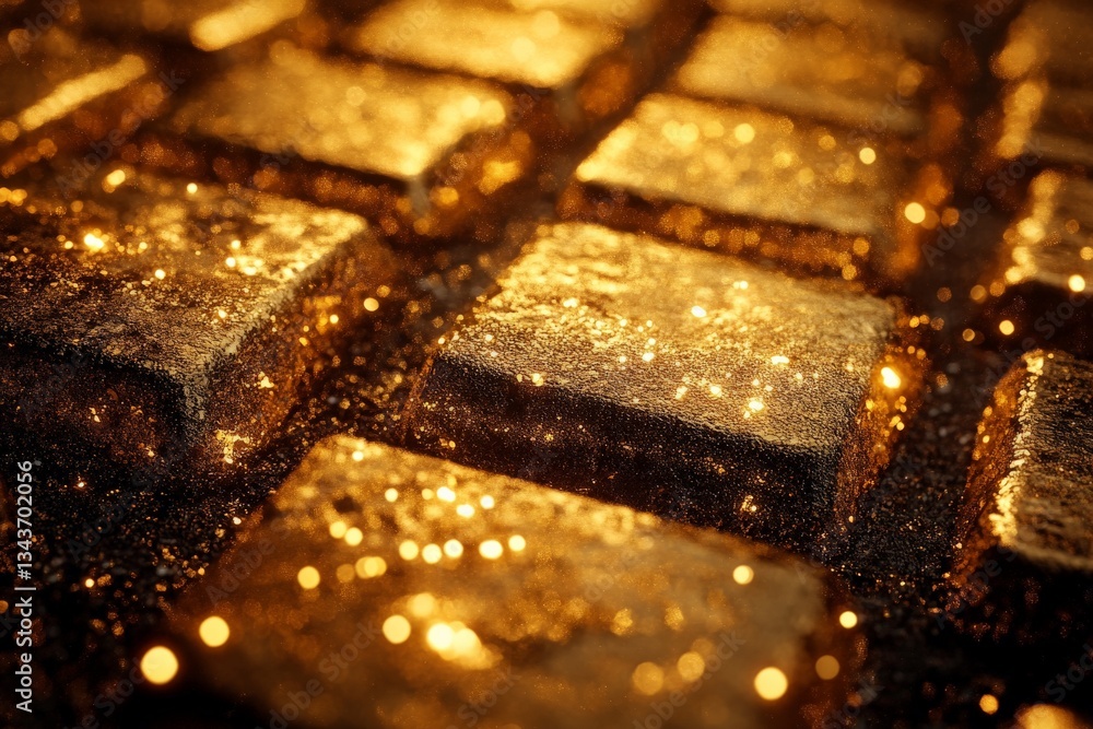 Poster golden bars arranged beautifully on a dark surface showcasing their shiny texture and intricate deta