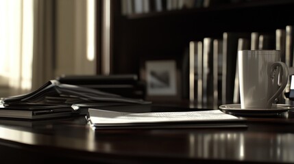 Obraz premium A serene workspace with books, papers, and a coffee cup, suggesting productivity and focus.