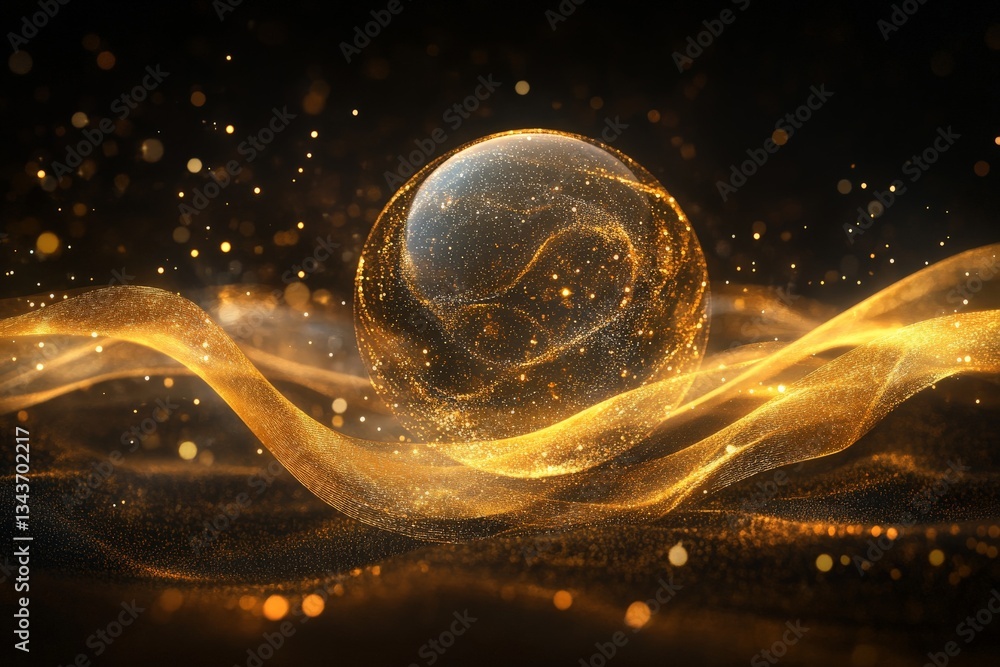 Aufkleber Golden sphere surrounded by shimmering waves of light creates a mesmerizing visual effect in a dark background