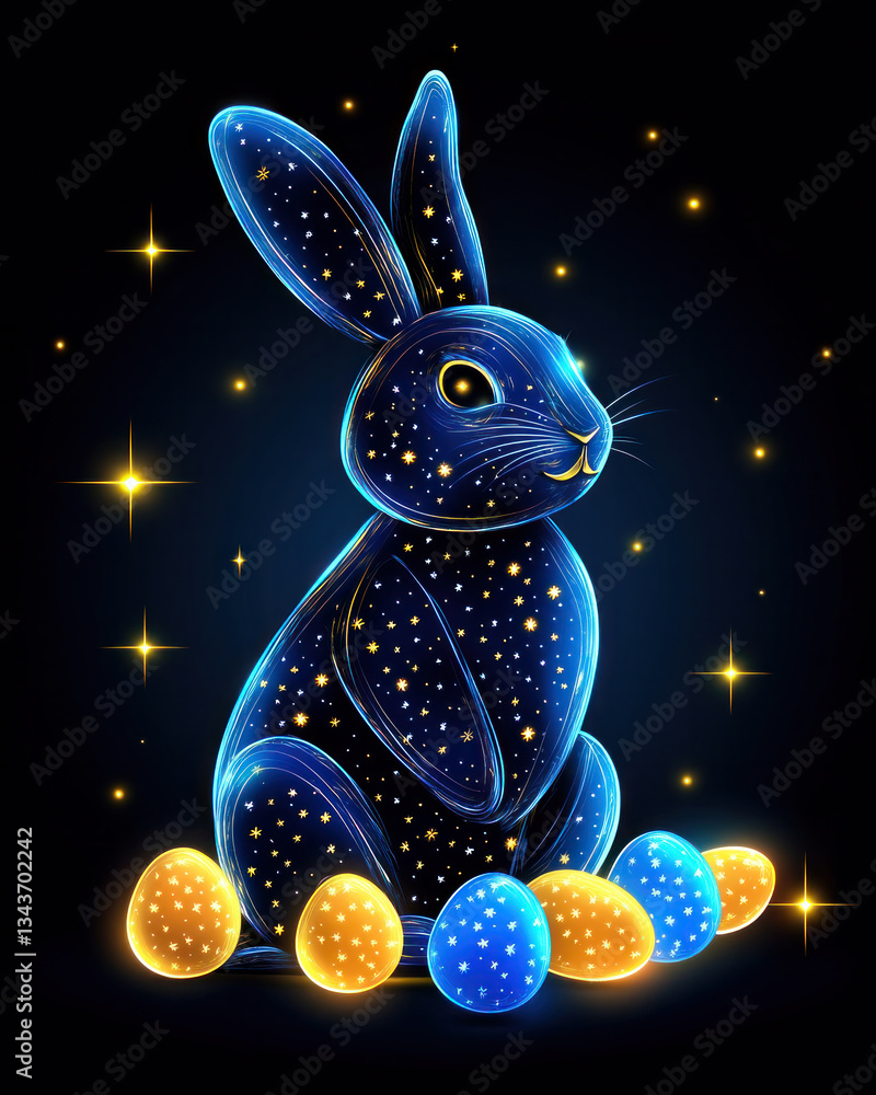 Aufkleber a rabbit is sitting on a bed of eggs, with a starry background. the rabbit is surrounded by a galaxy