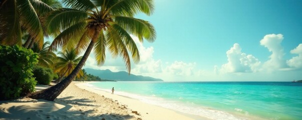 Vintage camera lens captures serene moment of palm trees and ocean, peaceful scene, palm trees