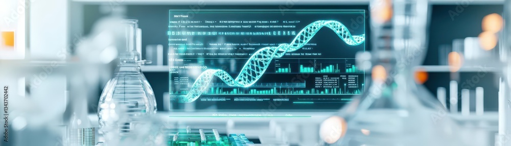 Poster dedicated scientist analyzing data in a modern laboratory with advanced equipment and a large monito