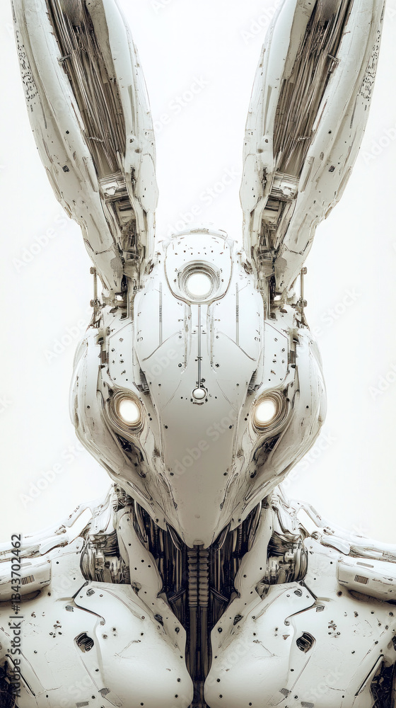 Poster a robot rabbit with a glowing eye. the robot is white and has a metallic appearance. the image is fu