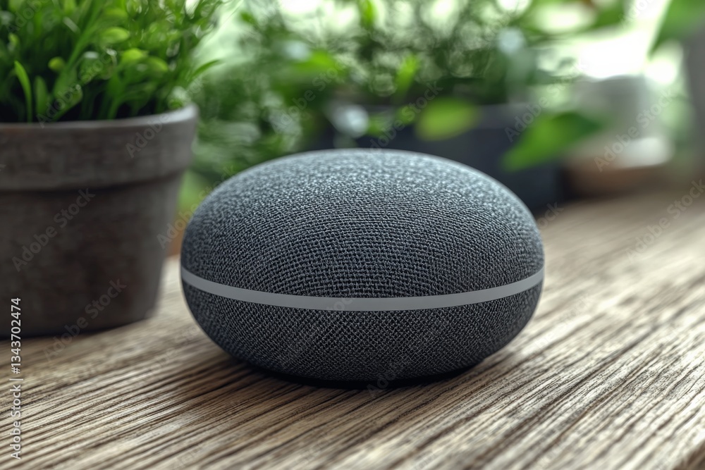 Poster Smart speaker placed on a wooden surface surrounded by green plants in a bright indoor setting