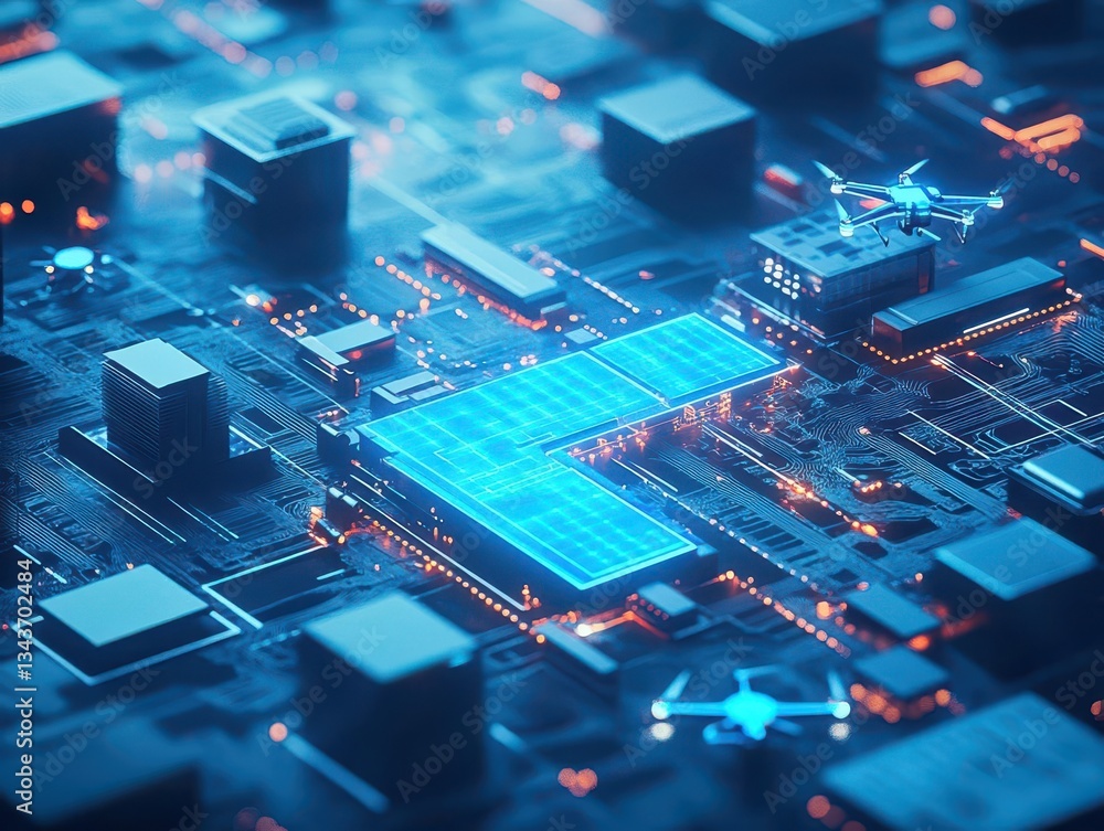 Poster illuminated computer circuit board with blue led light highlighting intricate components and modern 