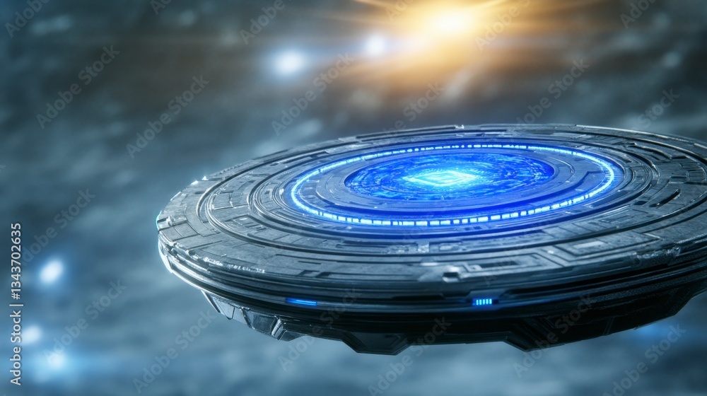 Poster futuristic spaceship hovering in a dark space background, illuminated by blue lights and distant sta
