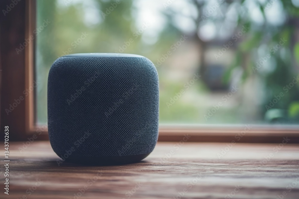 Aufkleber Smart speaker on wooden table by the window surrounded by greenery in a cozy indoor space during daylight hours