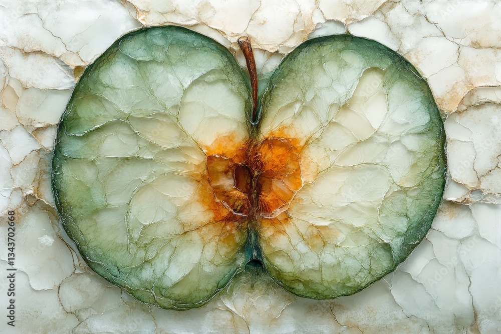 Aufkleber sliced apple showing intricate textures and colors on a marble-like background indicating natural be