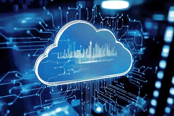 Digital cloud icon with cityscape and electronic circuit elements
