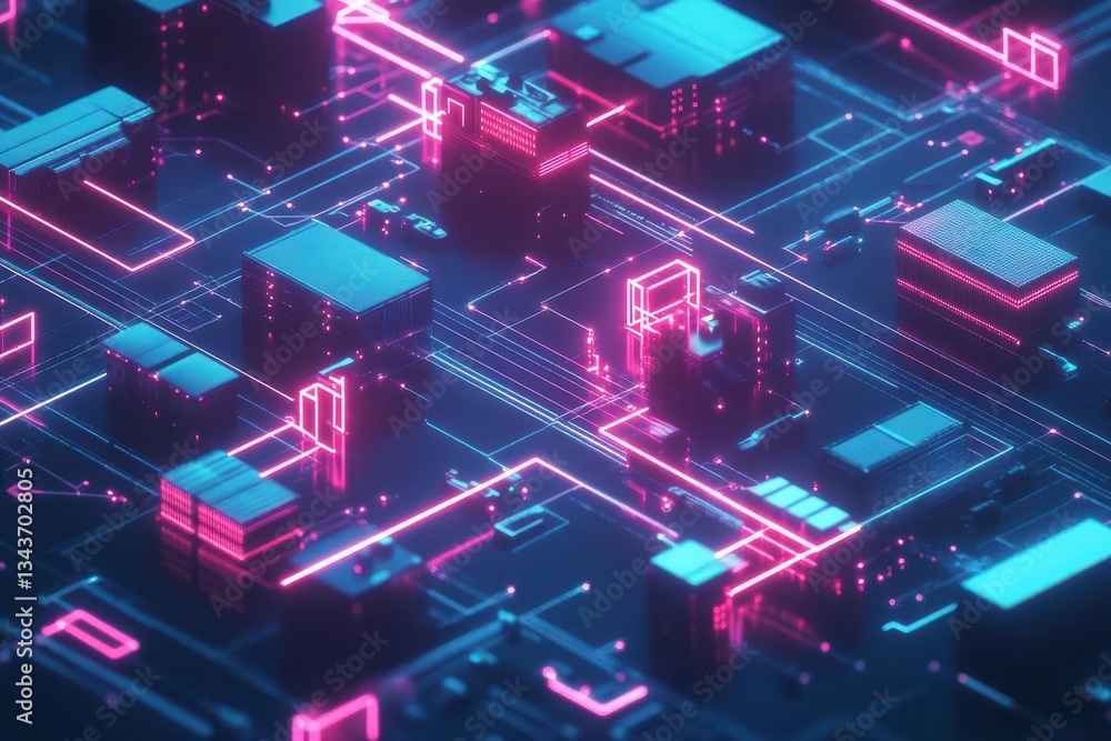 Poster vibrant blue and pink abstract background featuring numerous glowing cubes creating a dynamic and en