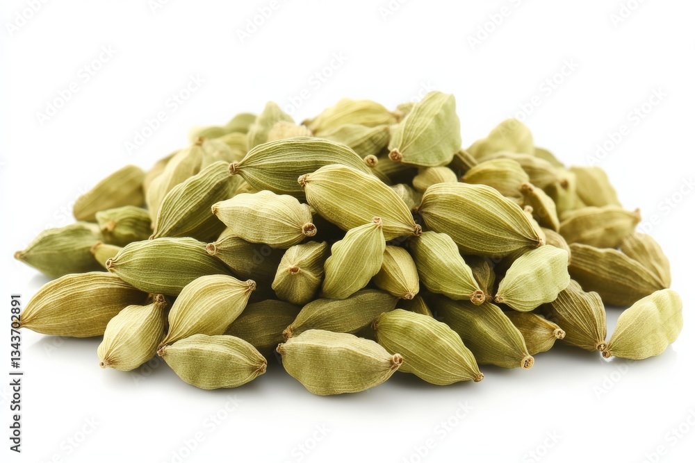 Poster Green cardamom pods piled together on a plain background showing their unique shape and texture