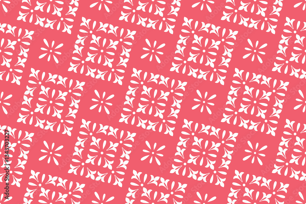 Poster Geometric floral set of seamless patterns. White and pink vector backgrounds. Damask graphic ornaments