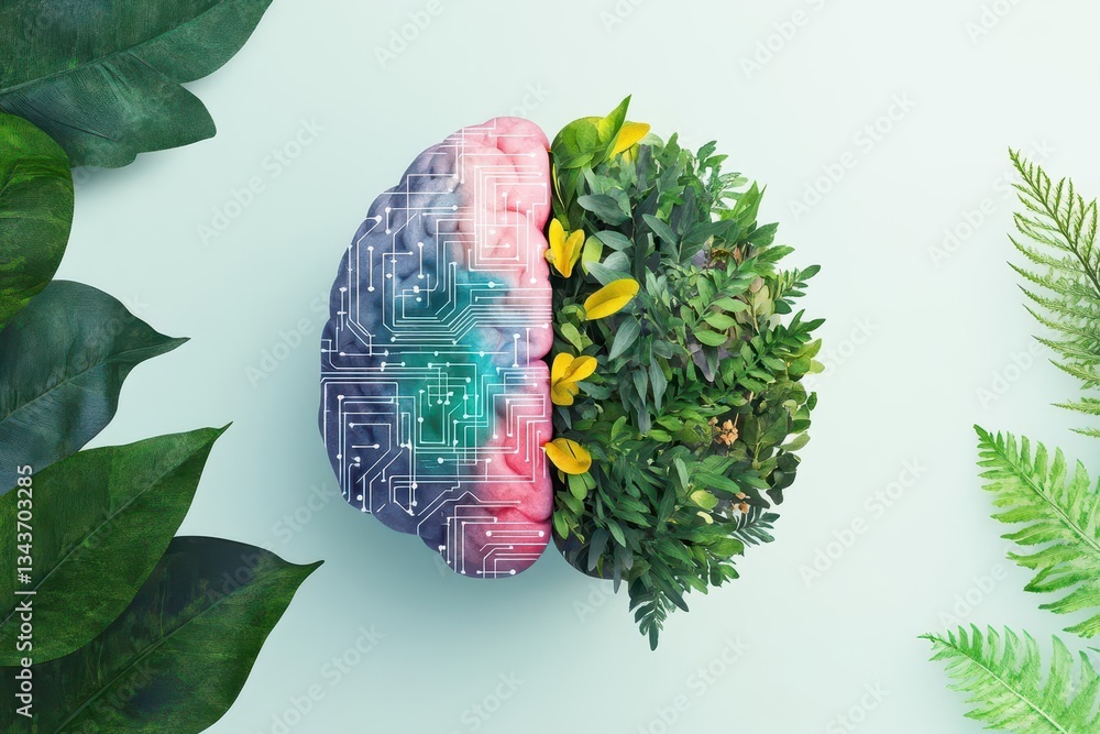 Poster intricate brain design merged with circuit patterns surrounded by lush green plants symbolizing the 