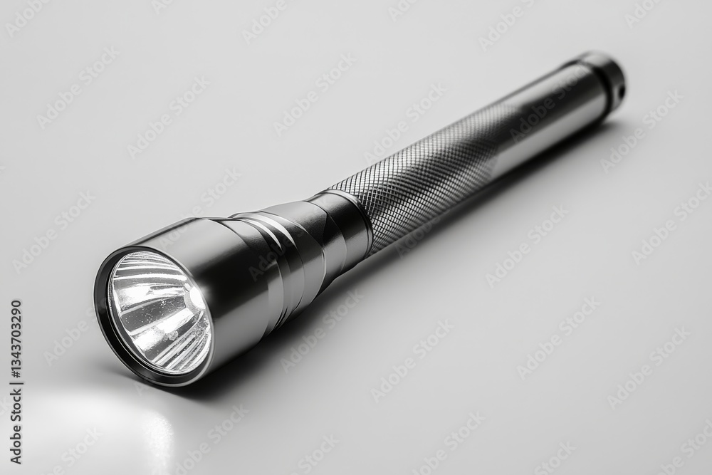 Poster Powerful flashlight on a plain surface, showcasing sleek design and bright beam of light