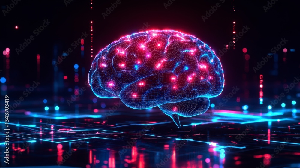 Poster abstract digital rendering of a human brain with glowing pink and blue nodes, set against a dark bac