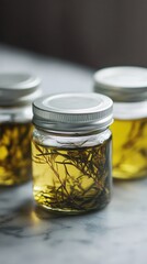 Smooth infused oils and balms in small jars showcase natural skincare benefits with visible herbs inside, highlighting beauty and wellness