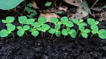 Row of Young Green Plants in Soil