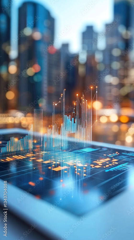 Poster a tablet screen shows a city skyline with a graph of numbers. concept of progress and growth, as the