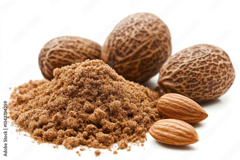 Poster ground nutmeg with whole nutmeg seeds and almonds arranged on a white background
