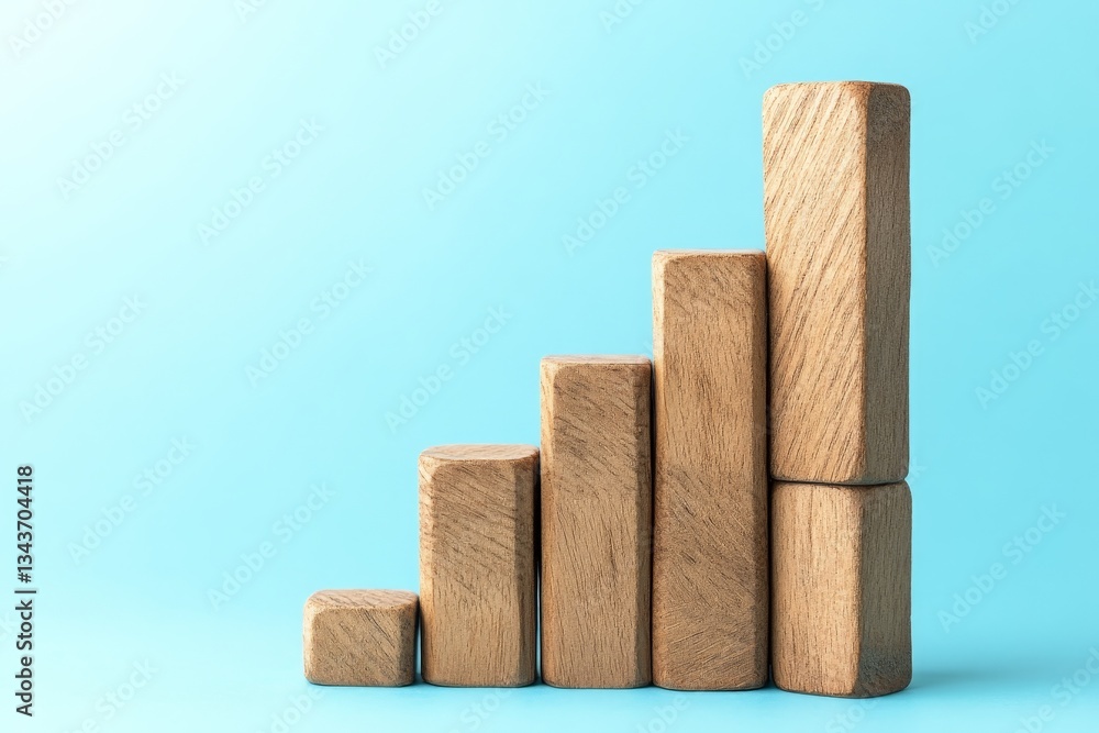 Poster Wood blocks arranged in a growth pattern on a light blue background showing increasing height and representing growth