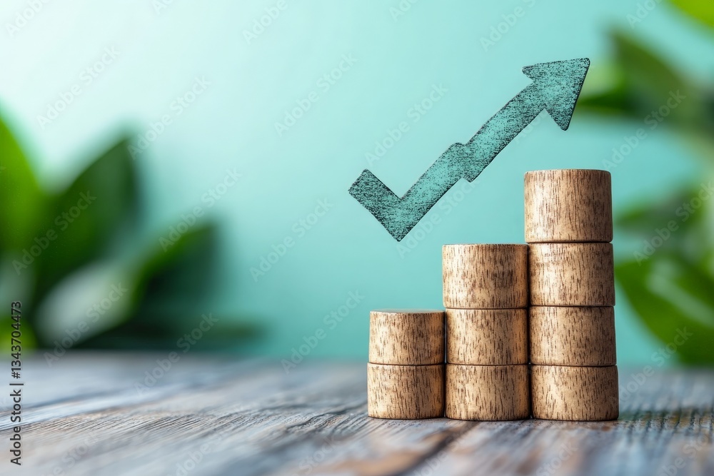 Poster Growth chart represented by wooden blocks with an upward arrow against a soft green background