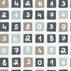 Seamless colorful numbers pattern. Abstract background with hand drawn doodle shapes.