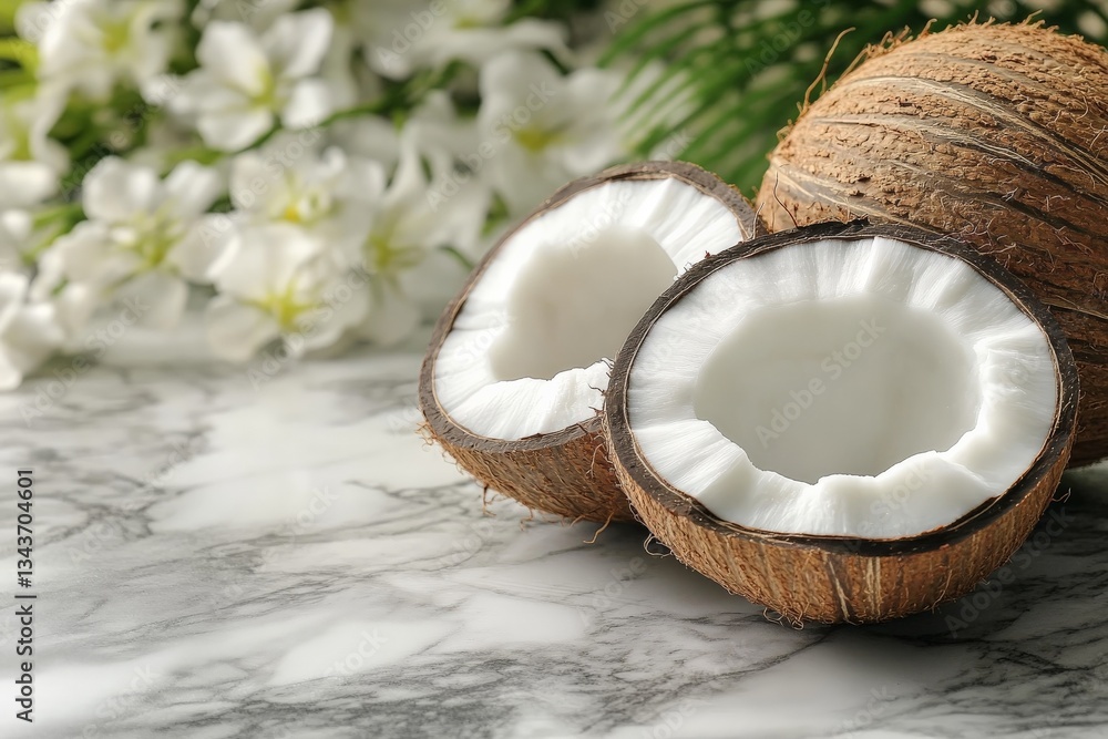 Poster coconuts cut in half placed on a marble surface with white flowers in the background during bright d