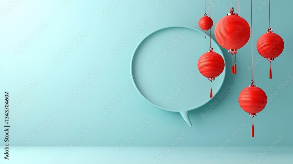 Poster a speech bubble with miniature red lanterns hanging from its edge, blending tradition with dialogue