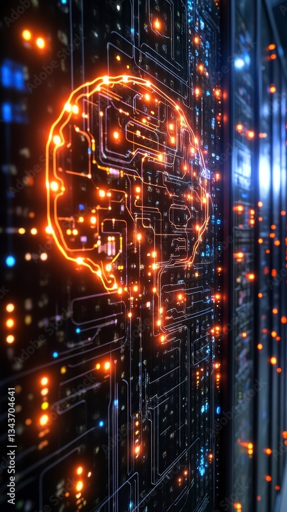 Poster glowing brain shaped circuit pattern on a server rack, abstract digital concept, technology, artific