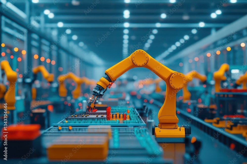 Poster advanced robotic arms efficiently assembling products on a fast paced production line in a modern fa