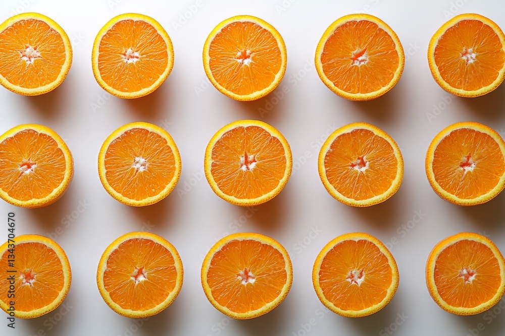 Poster Brightly sliced oranges arranged in a grid on a light background showcasing vibrant colors and textures