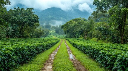 Obraz premium Lush Green Coffee Plantation Pathway Surrounded by Mountains and Mist