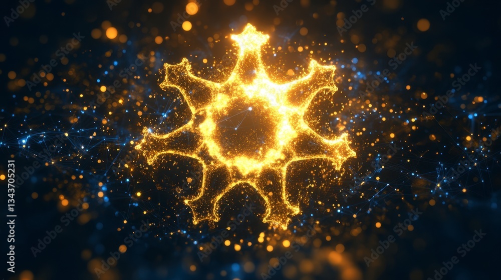Poster abstract golden circular particle design, glowing bright in dark blue space. sparkly bokeh effect ba