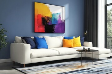 a modern living room interior design with a white sofa, colorful artwork and decor