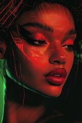 Woman bathed in red and green light.