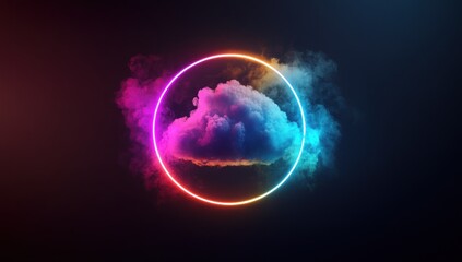 A fluffy cloud inside a vibrant neon colored circular frame