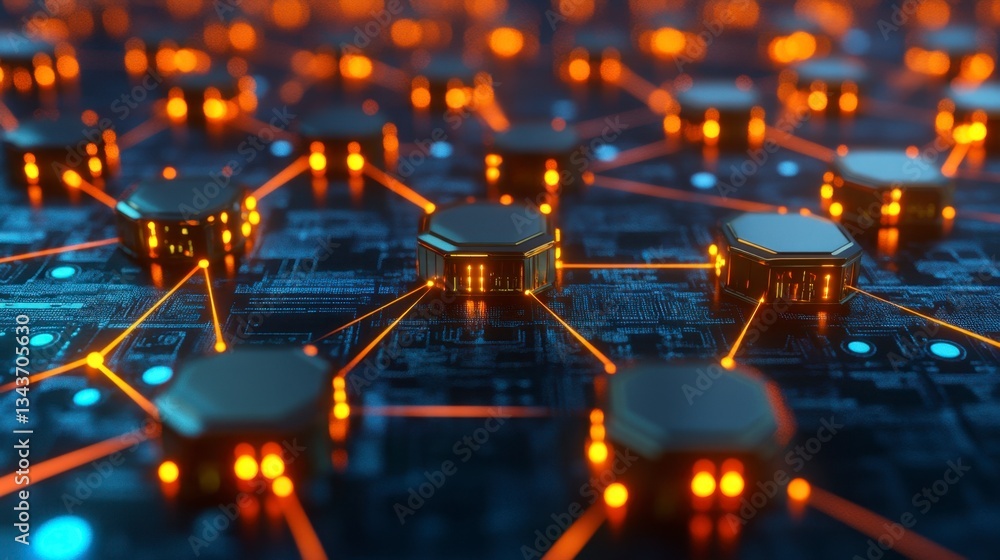 Poster abstract network concept, glowing orange and blue nodes connected by lines on a dark circuit board b