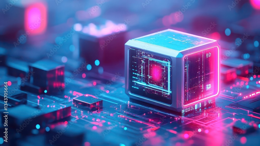 Poster illuminated computer processor on circuit board surrounded by vibrant pink and blue lights capturing