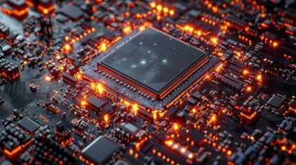 Close up view of a computer processor, glowing with orange and red light, on a dark circuit board. The processor shows intricate detail and complex circuitry.