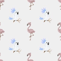 Vibrant parrot and flamingo watercolor pattern for textile and wrapping design