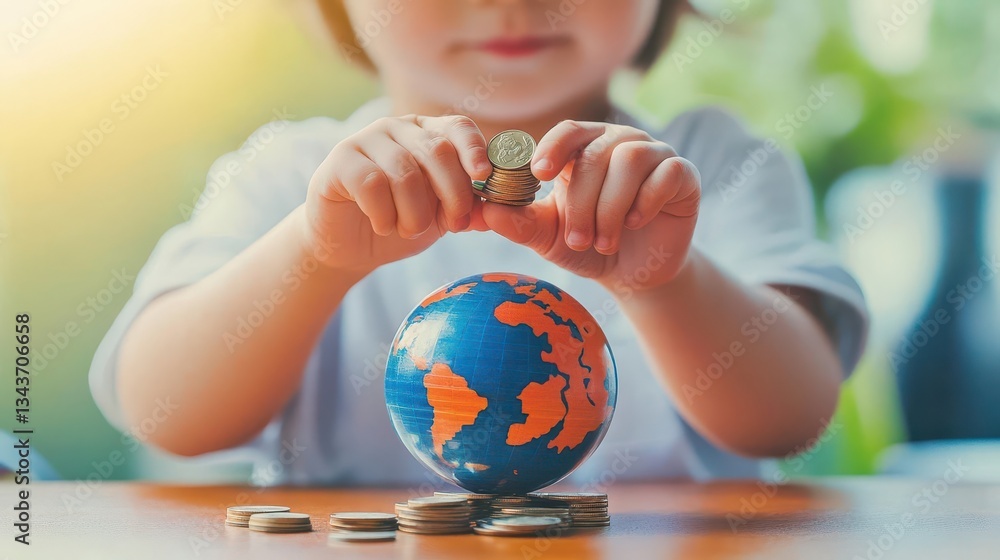 Poster a young child joyfully holding a shiny coin while exploring a colorful globe representing global cul
